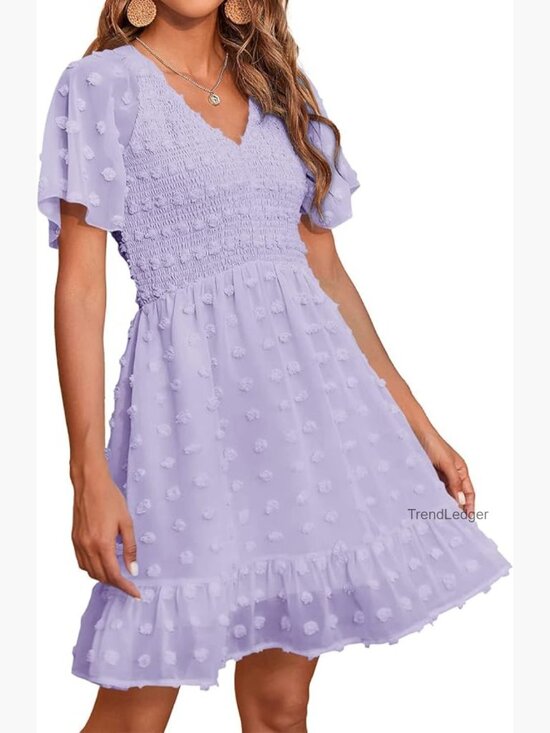 Dresses & Skirts - V Neck Short Sleeve Smocked Swiss Dot Ruffle Casual Mini Dress